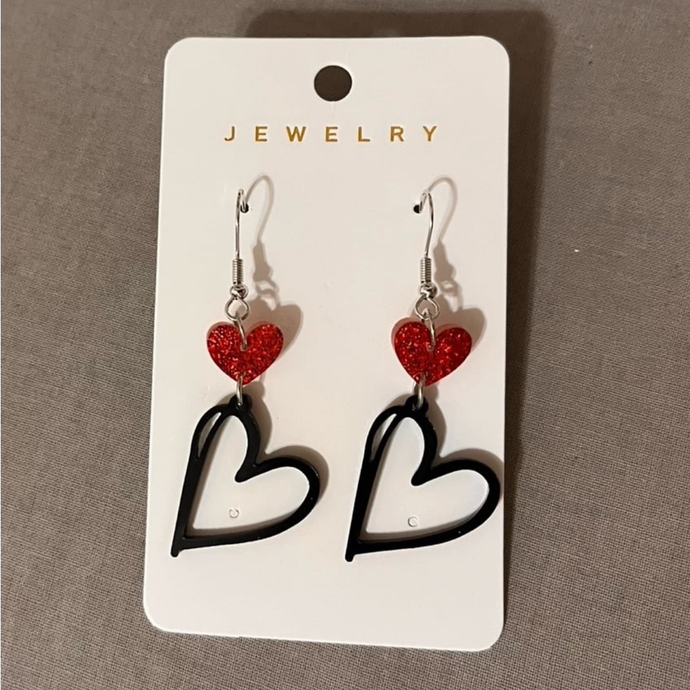 Heart Drop Earrings with Red and Black Accents